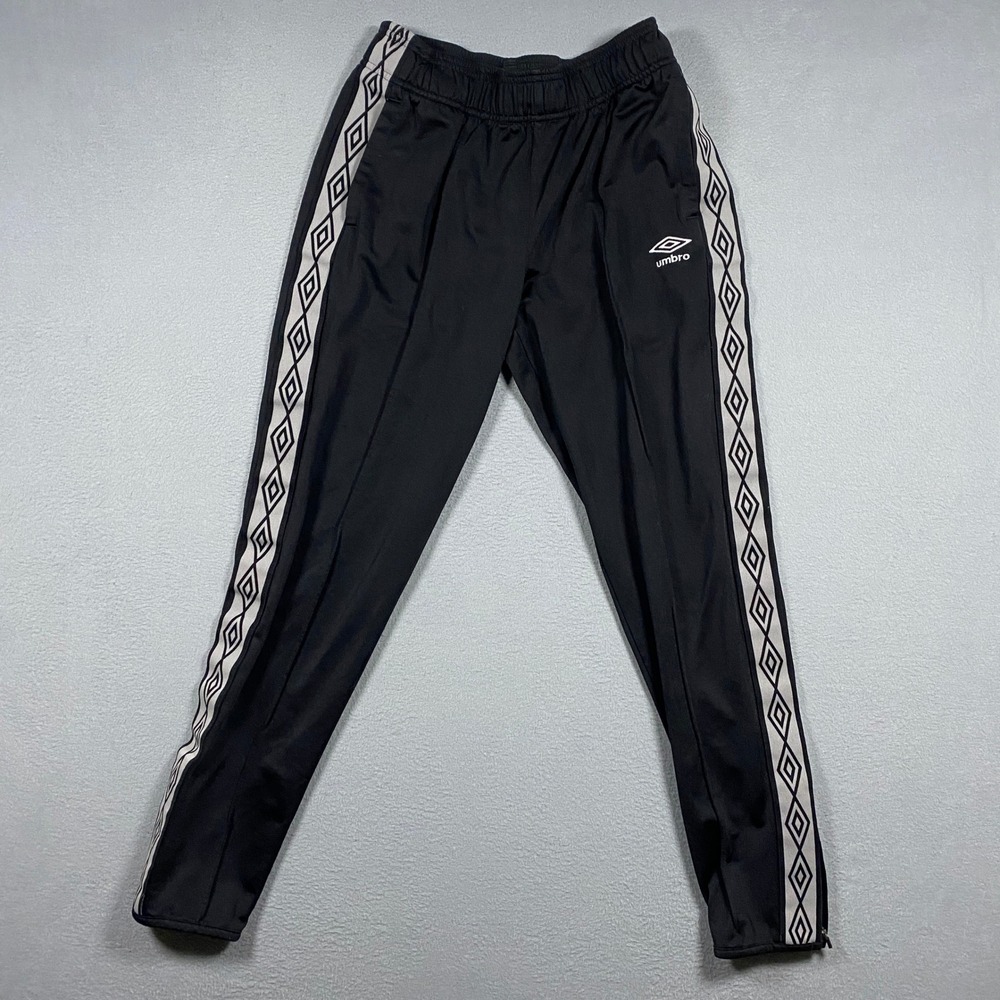 Umbro Track Pants Mens Small Black Diamond Logo Tape Side Stripe Ankle Zip